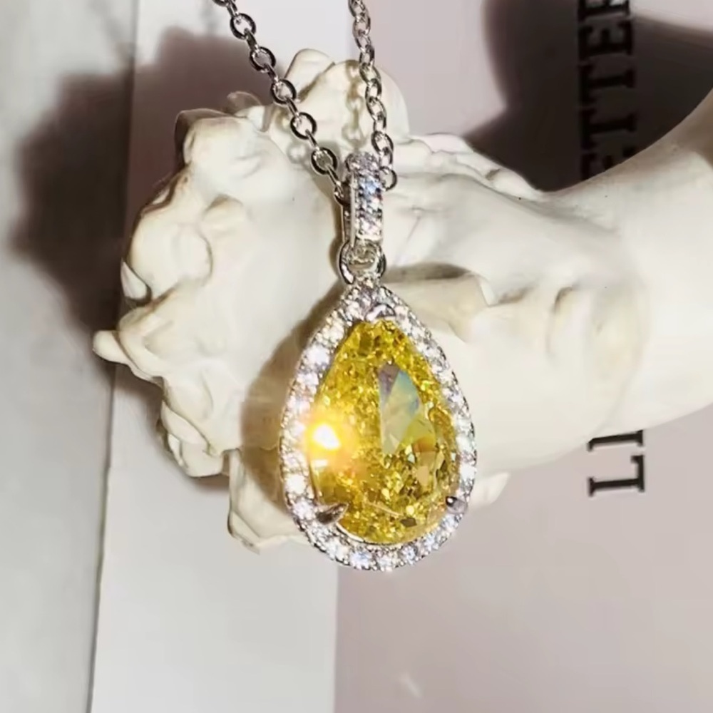 Yellow Halo Teardrop Crystal Necklace